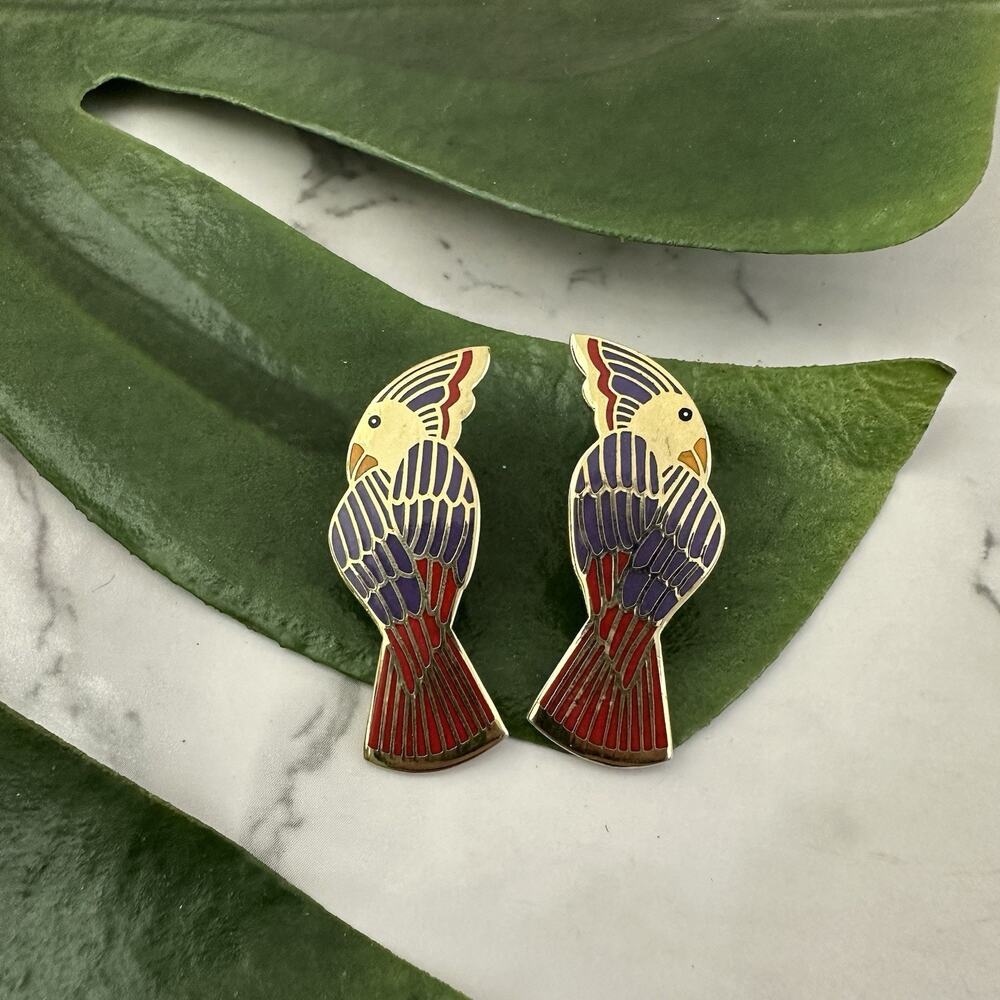 Laurel Burch Vintage Cockatoo Bird Stud Earrings Purple Gold Tone Tropical